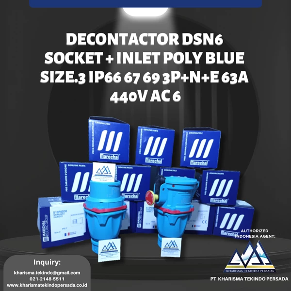 DECONTACTOR DSN6  SOCKET + INLET POLY BLUE  Size.3 IP66 67 69 3P+N+E 63A  440V AC 6